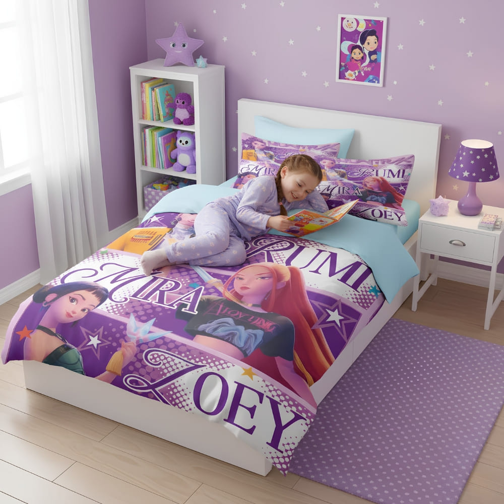 Close-up of the K-pop Demon Hunters duvet cover showing the vibrant Zoey, Mira, and Rumi character print on the purple fabric.