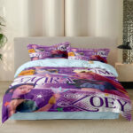 Full bedroom scene with K-pop Demon Hunters duvet set, matching cushions, lilac rug, and white bedroom furniture, creating a fun girls room look.