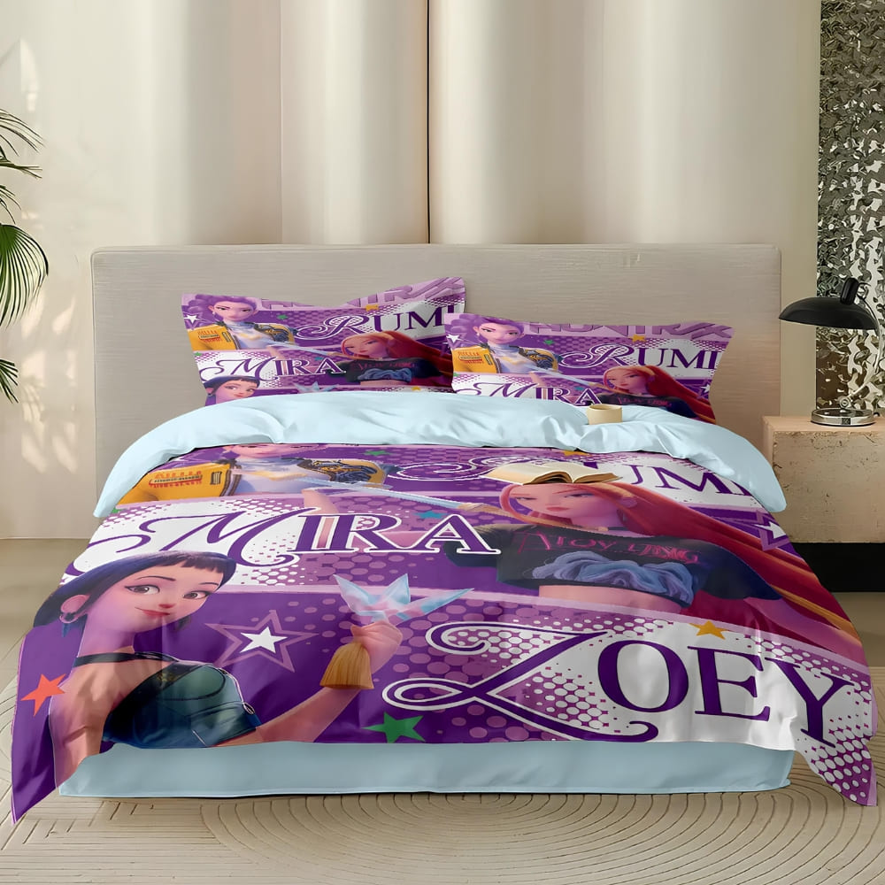 Full bedroom scene with K-pop Demon Hunters duvet set, matching cushions, lilac rug, and white bedroom furniture, creating a fun girls room look.