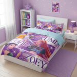 Purple K-pop Demon Hunters duvet cover featuring Zoey, Mira, and Rumi, styled with matching cushions on a white bed, with lilac rug and white furniture in a girls bedroom.