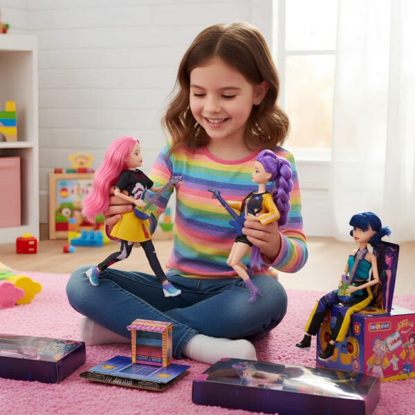Zoey, Rumi, and Mira K-pop Demon Hunters dolls standing on a round stage with microphones and musical accessories in a vibrant concert scene.