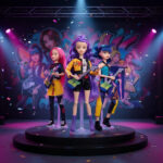 Packaged set of K-pop Demon Hunters Barbie-style dolls displayed with full character artwork, ideal for fans of the fun animated film.