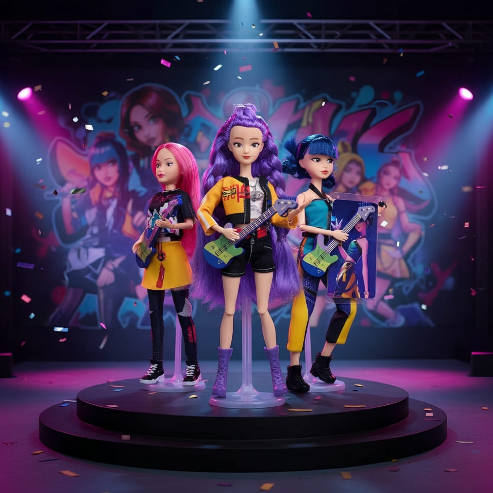 Packaged set of K-pop Demon Hunters Barbie-style dolls displayed with full character artwork, ideal for fans of the fun animated film.