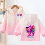 K-pop Demon Hunters waterproof hooded jacket shown front and back on hangers, featuring a zip closure, heart-side logo, and large heroine print on the back.