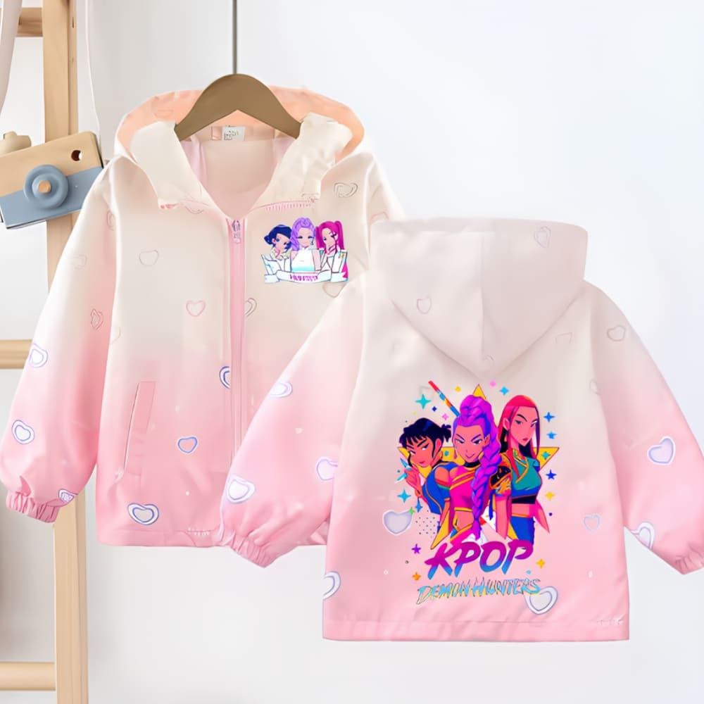 K-pop Demon Hunters waterproof hooded jacket shown front and back on hangers, featuring a zip closure, heart-side logo, and large heroine print on the back.