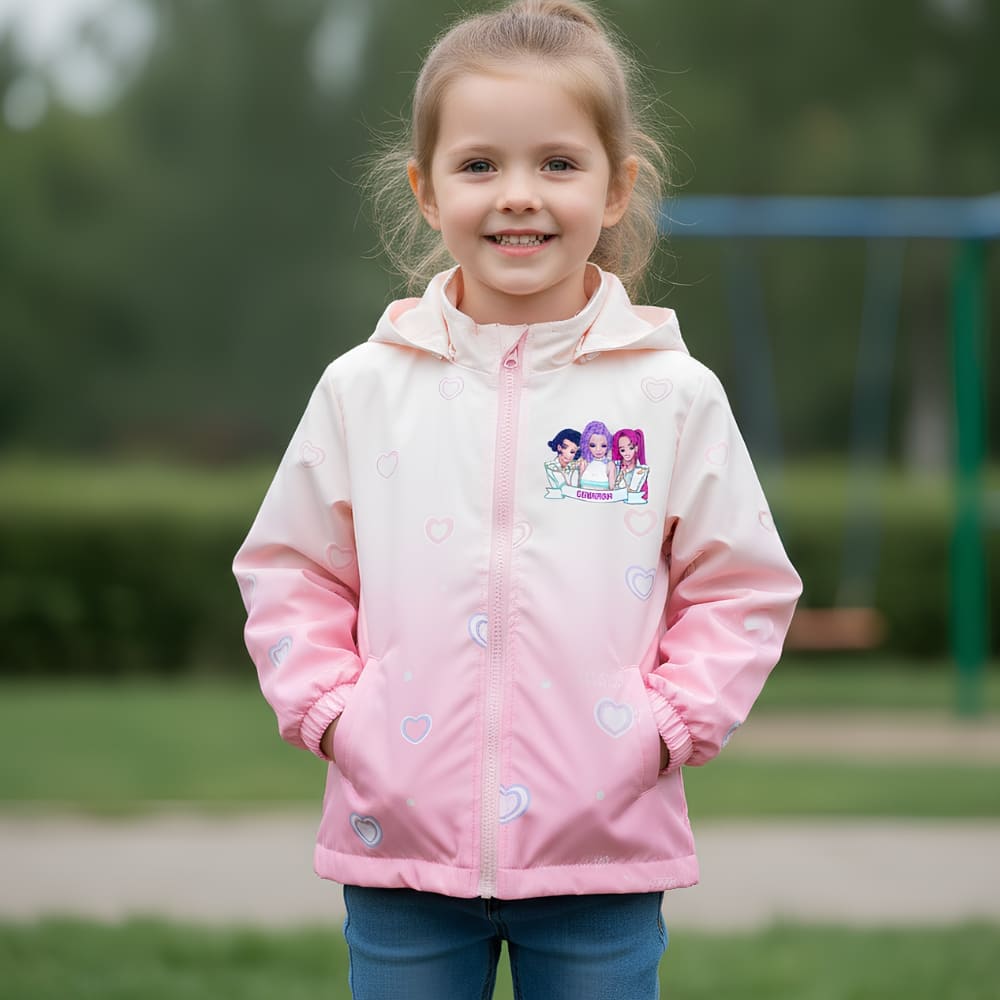 Back view of the K-pop Demon Hunters hooded jacket displaying the large colourful print of Zoey, Mira, and Rumi across the full back panel.