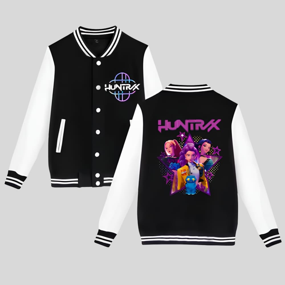 K-pop Demon Hunters two-tone teddy jacket with white sleeves and black body, showing front and back views — back features the full heroine print, front has Huntrix heart-side motif.