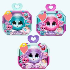 Three colourful Scruff-a-Luvs style mystery animal plush boxes on a sky blue background — blue top left, pink top right, and purple below — each containing a surprise plush in a different colour.