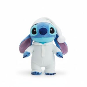 Stitch in pyjamas plush soft toy on a white background, dressed in a cosy pyjama outfit, a cuddly and fun bedtime companion for children who love the character.