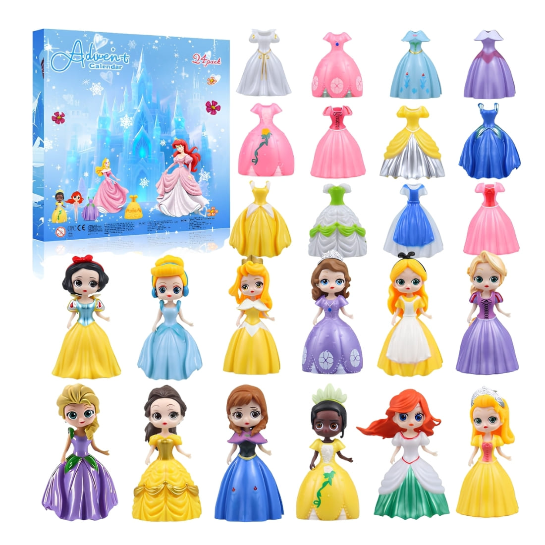 Blue Princess and Dress Figurine Advent Calendar box shown top left with princess figurines and elegant dresses displayed across the image, on a white background.