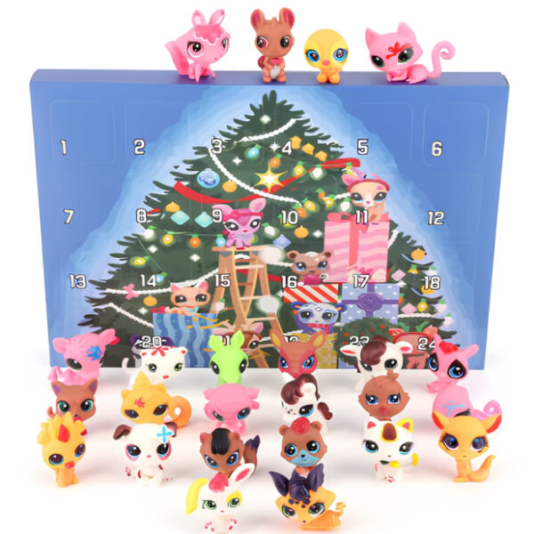 Littlest Pet Shop style figurine Advent Calendar in a blue box with a Christmas tree motif, surrounded by small animal figurines, on a white background.