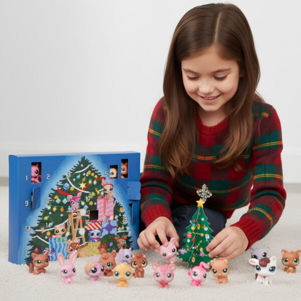 All figurines from the Littlest Pet Shop style Advent Calendar displayed together, showing the full range of cute collectible animal characters.