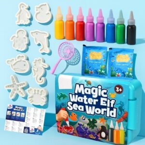Child holding colourful 3D aquatic animal figures made with gel dye, magic powder, and moulds included in the creative kit.