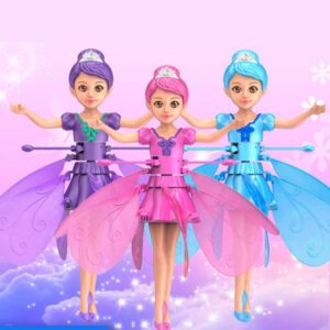 Three light-up flying fairy dolls in purple, pink, and blue hovering against a magical pink background, perfect for imaginative play.