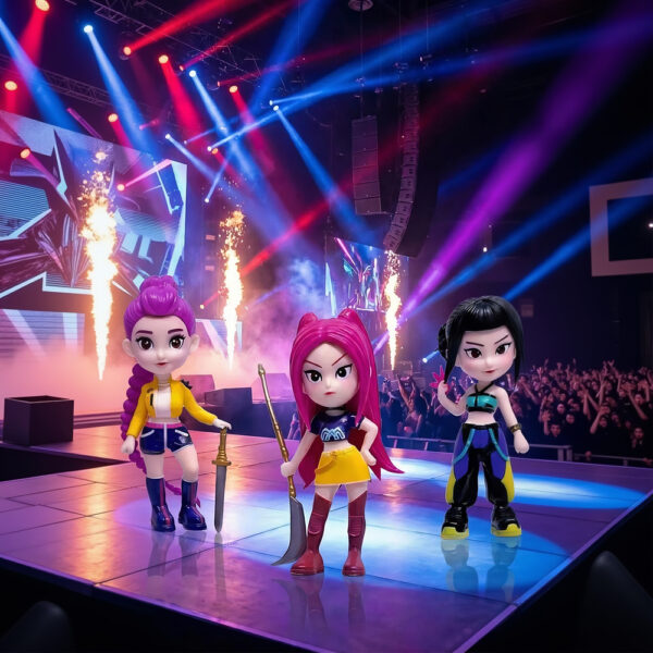 Side angle of the complete K-Pop Demon Hunters collection box showing all six figures secured neatly inside the display packaging.