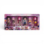 Six Huntrix K-Pop Demon Hunters figures – Rumi, Mira, and Zoey in two outfits each – aligned in clear rectangular packaging for collectors.