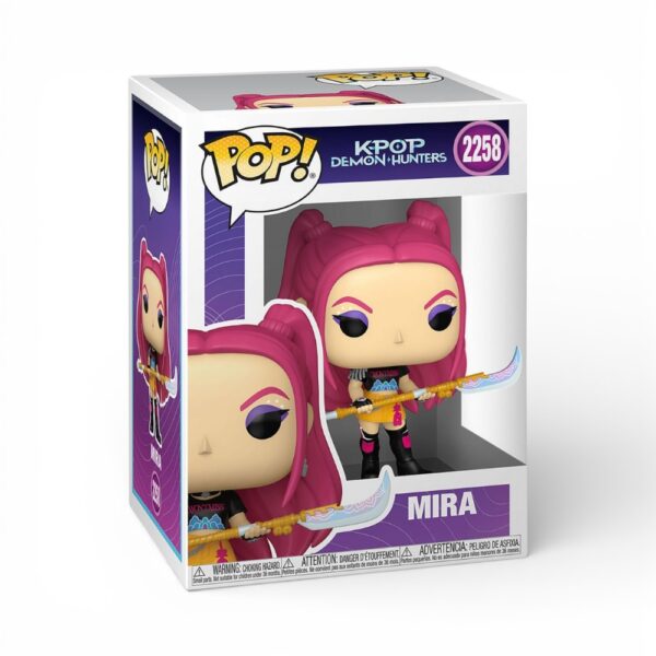 K-Pop Demon Hunters Mira 10 cm pink vinyl collector figure with spiritual weapon accessory, displayed in a windowed box.