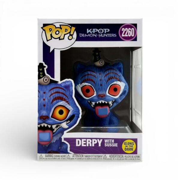 K-Pop Demon Hunters Protector Duo toy featuring Derpy the blue tiger and Sussie the three-eyed magpie from Korean folklore, in transparent packaging.