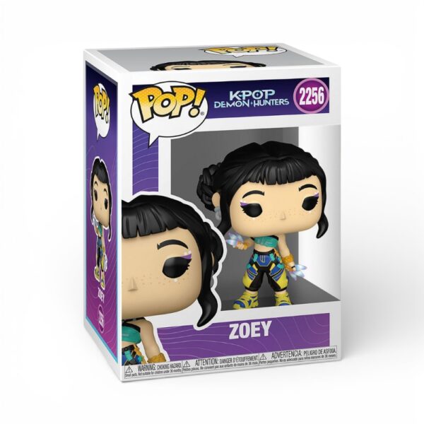 K-Pop Demon Hunters Zoey vinyl figure in blue and yellow outfit with iridescent weapons, displayed in a clear window box numbered 2256.