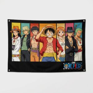 Colourful One Piece flag featuring Luffy's full crew in vibrant artwork, displayed against a grey background for fan bedroom decoration.