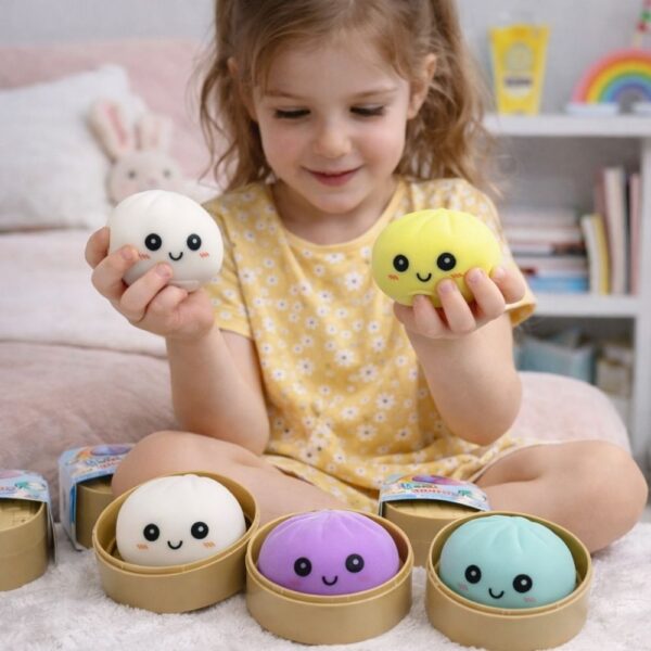 Side view of the squishy dumpling mystery boxes showing packaging design and the adorable dumpling-shaped squishies beside them.