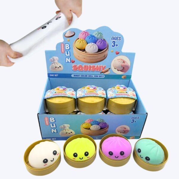 Close-up of the squishy dumpling mystery boxes showing the colourful packaging and the four different surprise squishy models inside.