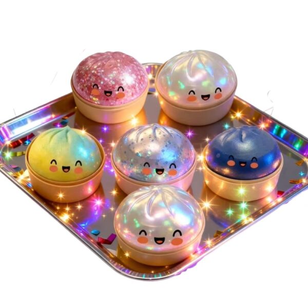 Six colourful glitter kawaii dumpling squishies arranged in a tray, each with sparkling pastel finishes in a range of fun shades.