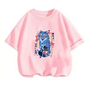 A pink girls K-pop Demon Hunters T-shirt in Japanese style, featuring a cute blue tiger surrounded by flowers and stars, on a white background.