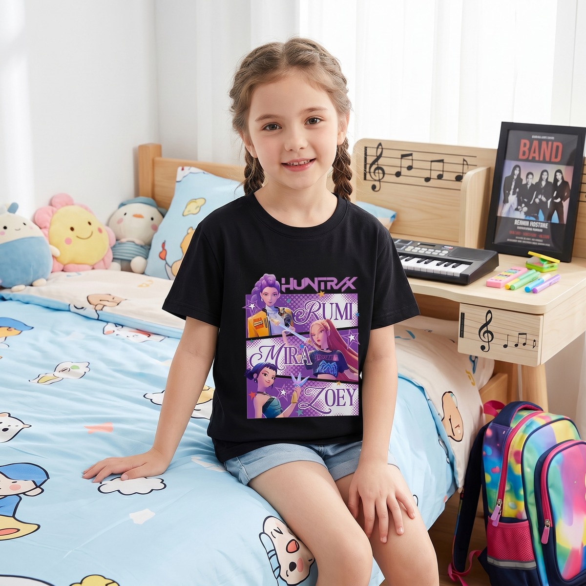 Close-up of the Zoey, Mira and Rumi character print on the K-pop Demon Hunters girls sweatshirt, showing vibrant colours and playful details.