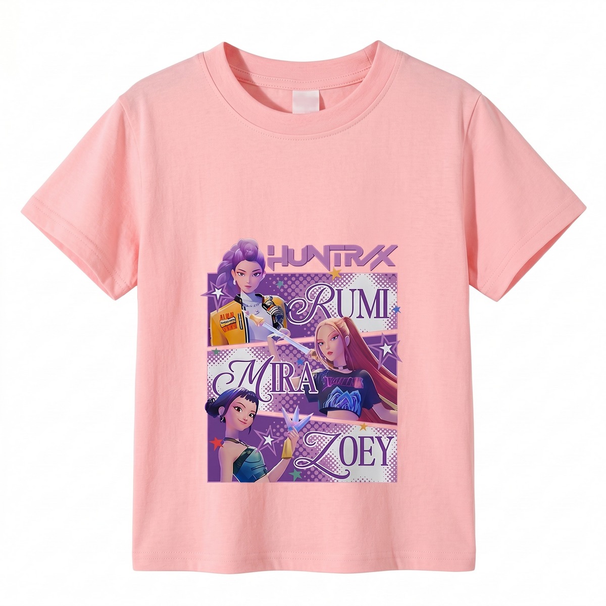 A girls K-pop Demon Hunters sweatshirt featuring the three heroines Zoey, Mira and Rumi in colourful cartoon style, displayed on a white background.
