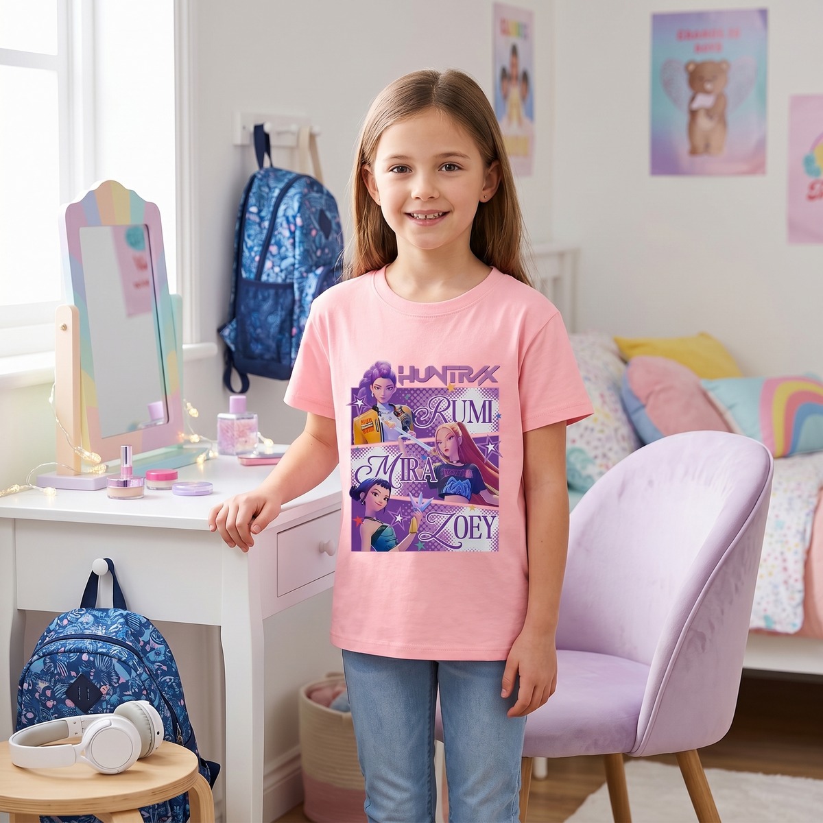 Full front view of the girls K-pop Demon Hunters sweatshirt with Zoey, Mira and Rumi, a cosy and stylish top for little adventurers.