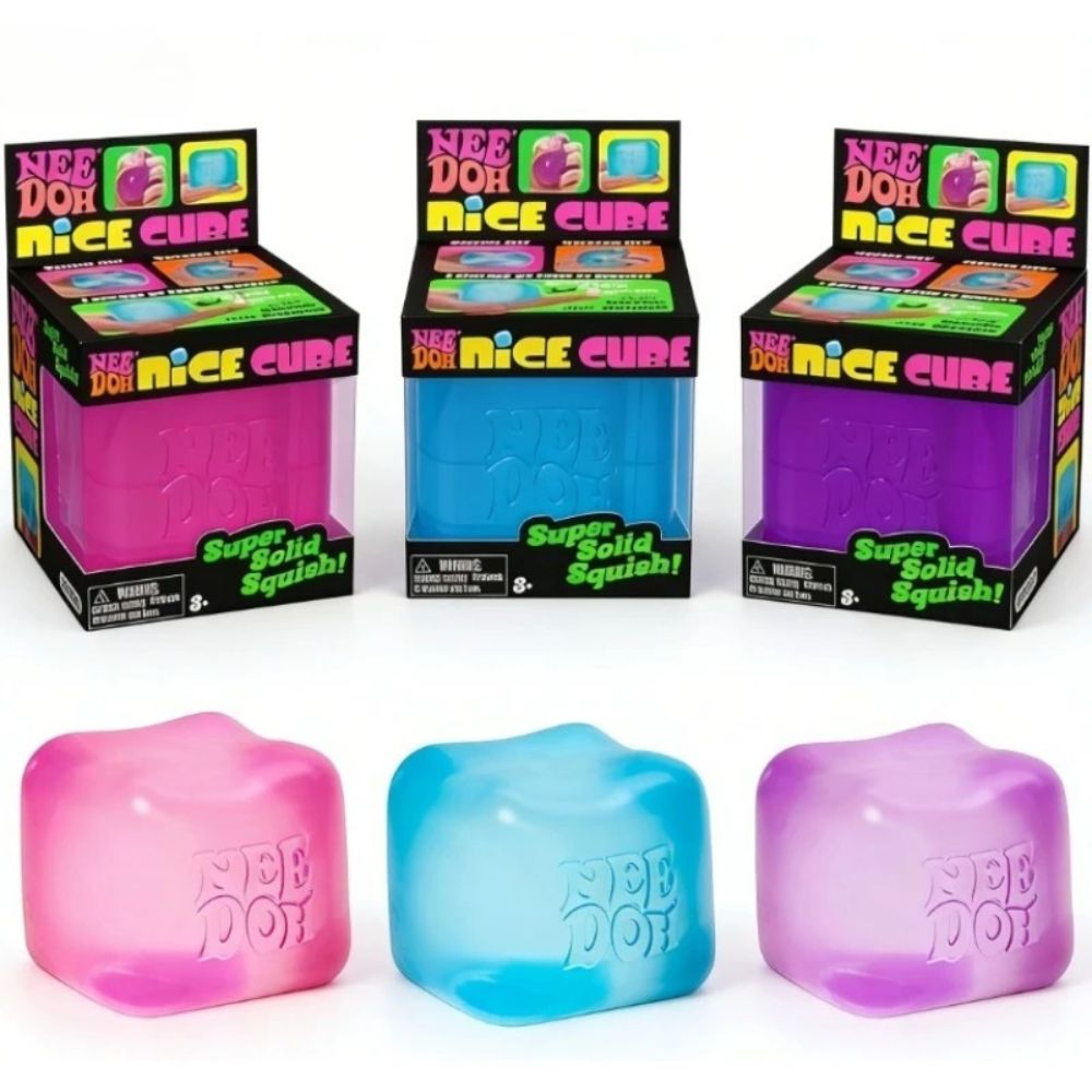 Three Needoh ice cube sensory squeeze toys in pink, blue, and violet beside their square boxes, a calming and satisfying stress toy for girls.