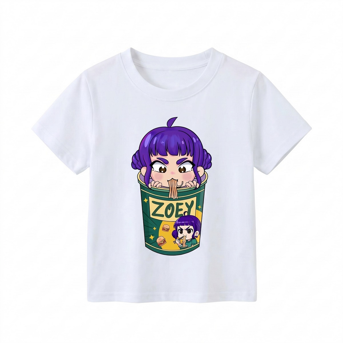 A white girls K-pop Demon Hunters T-shirt featuring Zoey inside a ramen cup in a charming cartoon design, displayed on a white background.