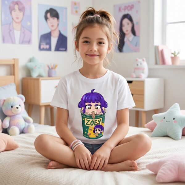 Close-up of the Zoey ramen cup print on the white K-pop Demon Hunters girls T-shirt, showing a fun kawaii character design.
