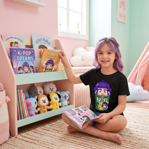 Full front view of the white girls K-pop Demon Hunters Zoey ramen T-shirt, a playful and quirky design for little K-pop fans.