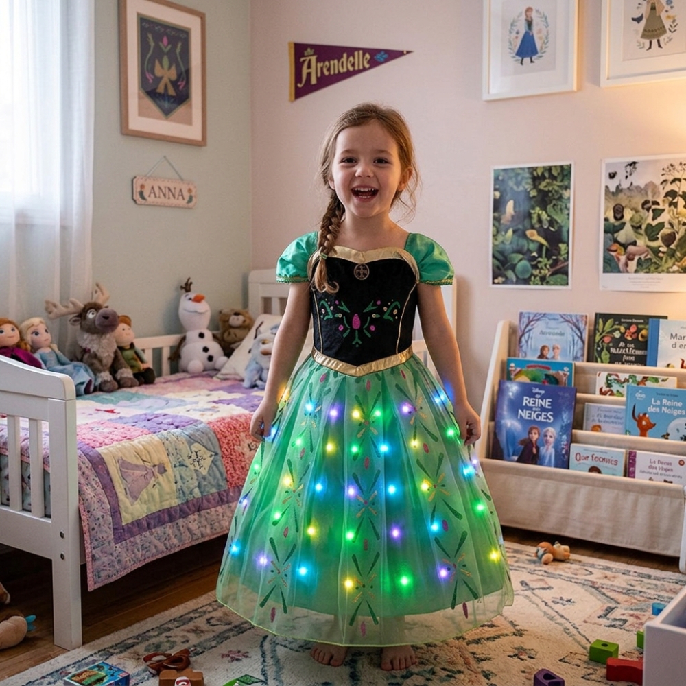 Close-up of the LED lighting on the Anna from Frozen princess dress, highlighting the colourful Nordic design and warm magical shimmer.