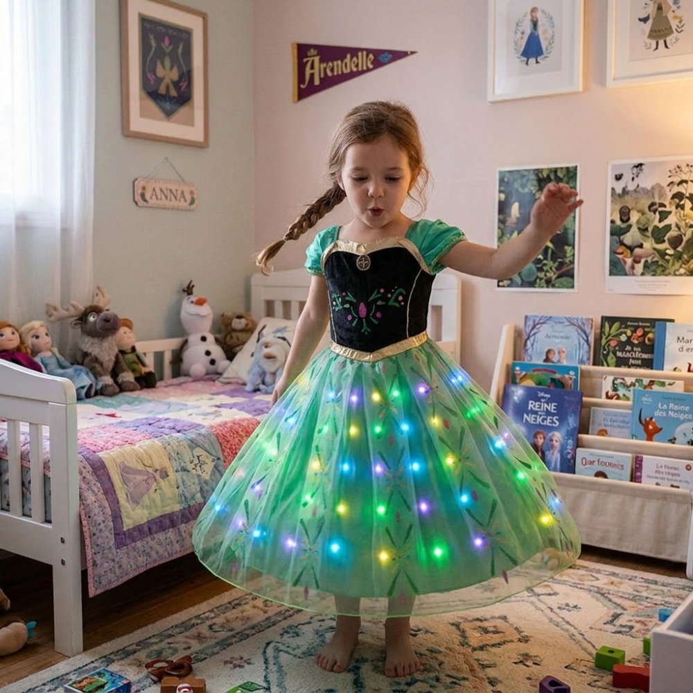 Full view of a girl wearing the LED Anna from Frozen princess dress, radiating a warm and adventurous fairy-tale glow.