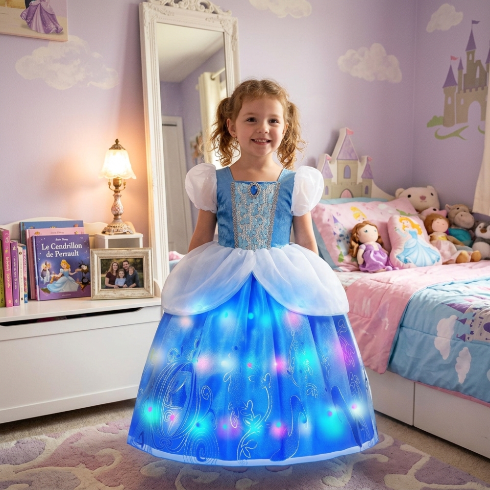Close-up of the LED lighting on the Cinderella ball princess dress, showcasing the elegant ballgown design and enchanting blue magical glow.