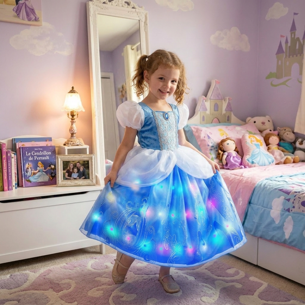 Full view of a girl wearing the LED Cinderella ball princess dress, shimmering with fairy-tale magic just like Cinderella at the royal ball.
