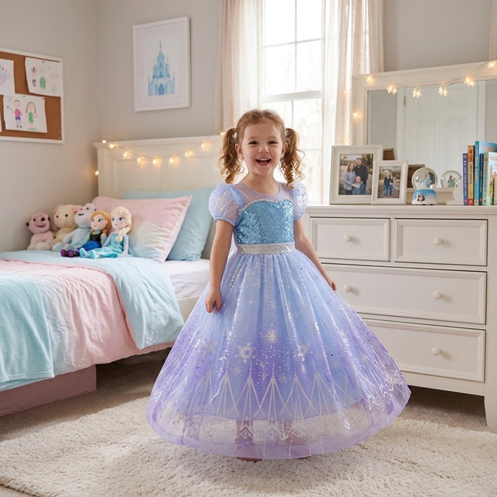 A little girl in her bedroom wearing a light-up LED princess dress inspired by Elsa from Frozen 2, glowing with a magical icy blue shimmer.