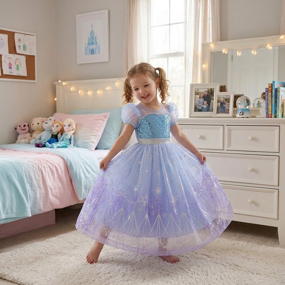 Close-up of the LED illumination on the Elsa Frozen 2 princess dress, showing the intricate icy design and enchanting blue glow.