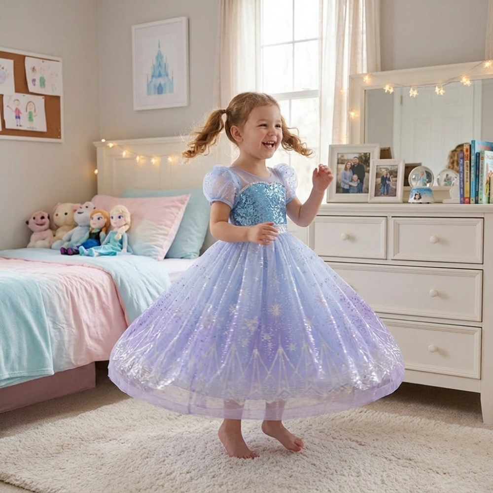 Full view of a girl wearing the LED Elsa Frozen 2 princess dress, radiating a magical icy glow for unforgettable Frozen-inspired dress-up.