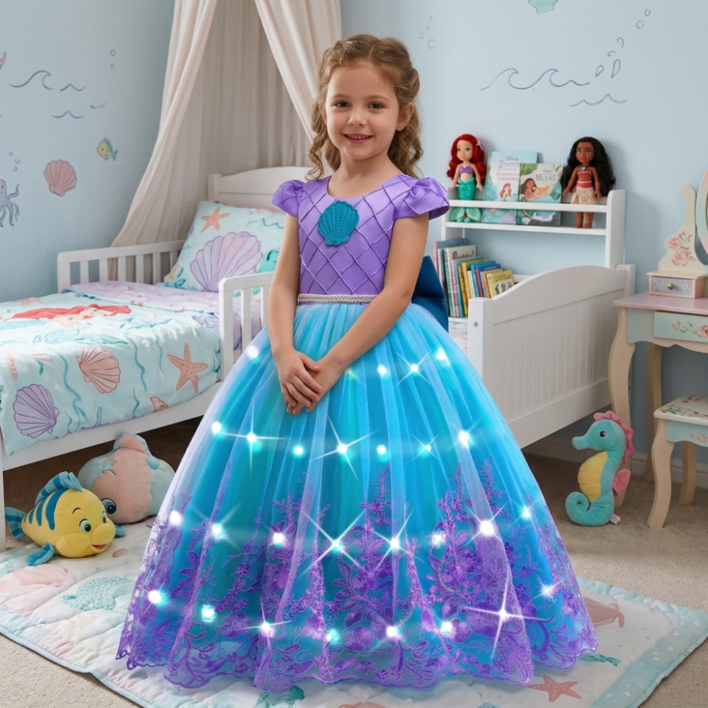 Close-up of the LED lighting on The Little Mermaid princess dress, showing the shimmering aqua glow that brings Ariel to life.
