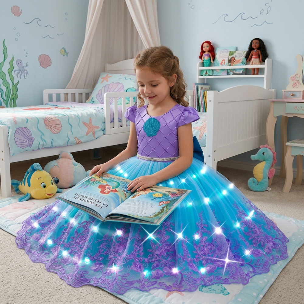 Full view of a girl in the LED Little Mermaid princess dress, glowing in mermaid colours for the ultimate fairy-tale dress-up adventure.