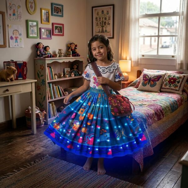Full view of a girl wearing the LED Mirabel Encanto princess dress, radiating a colourful magical glow for vibrant fairy-tale dress-up adventures.