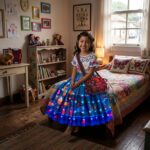 Close-up of the LED lighting on the Mirabel from Encanto princess dress, showcasing the colourful embroidered floral design with a magical shimmer.