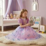 Full view of a girl wearing the LED Rapunzel princess dress, shining with a magical glow perfect for imaginative fairy-tale play.