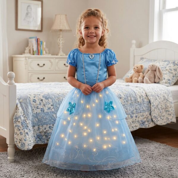 A little girl in her bedroom wearing a sky-blue LED Cinderella princess fancy dress costume, glowing with a magical and enchanting light.