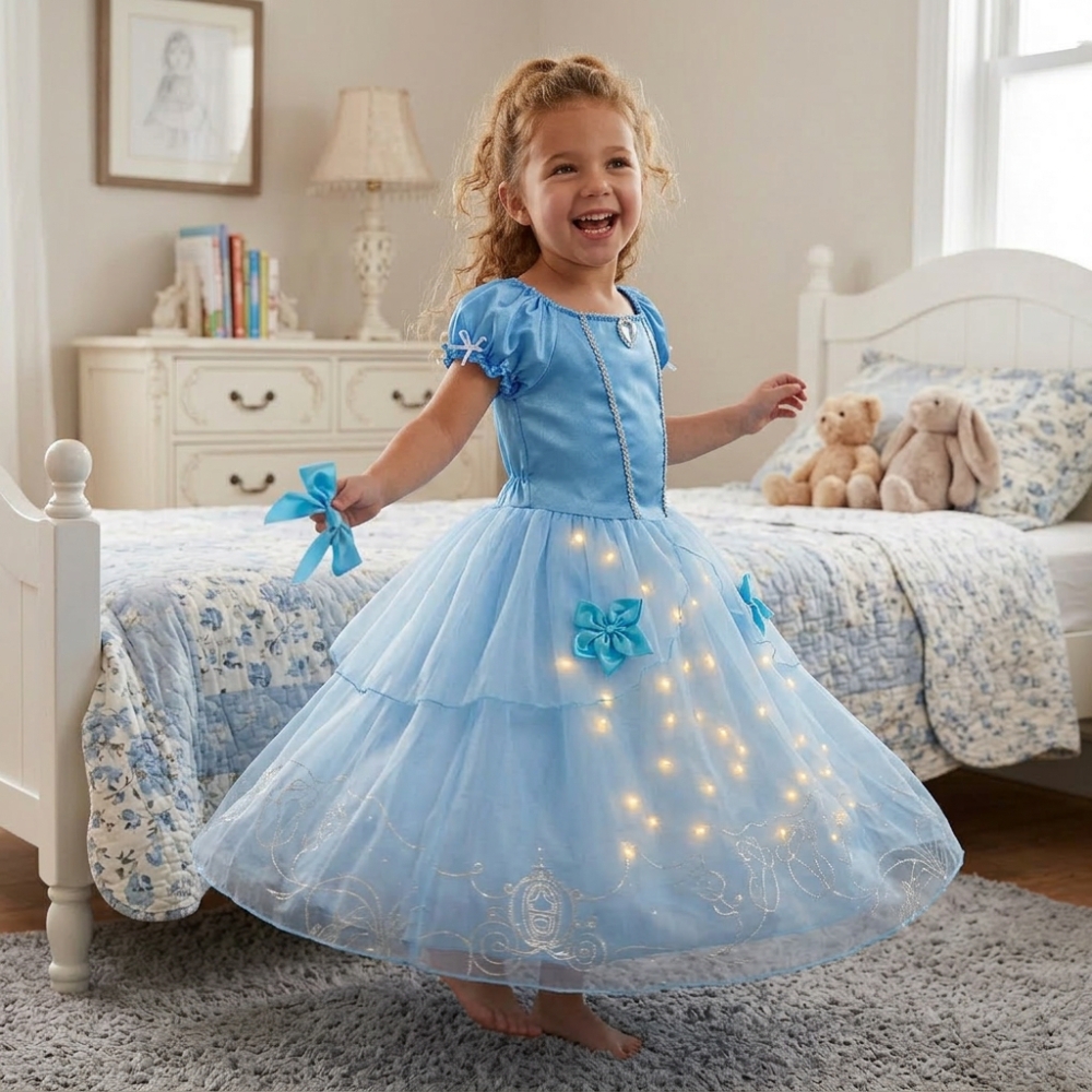 Close-up of the LED glow on the sky-blue Cinderella fancy dress costume, capturing the delicate fairy-tale design and magical shimmer.