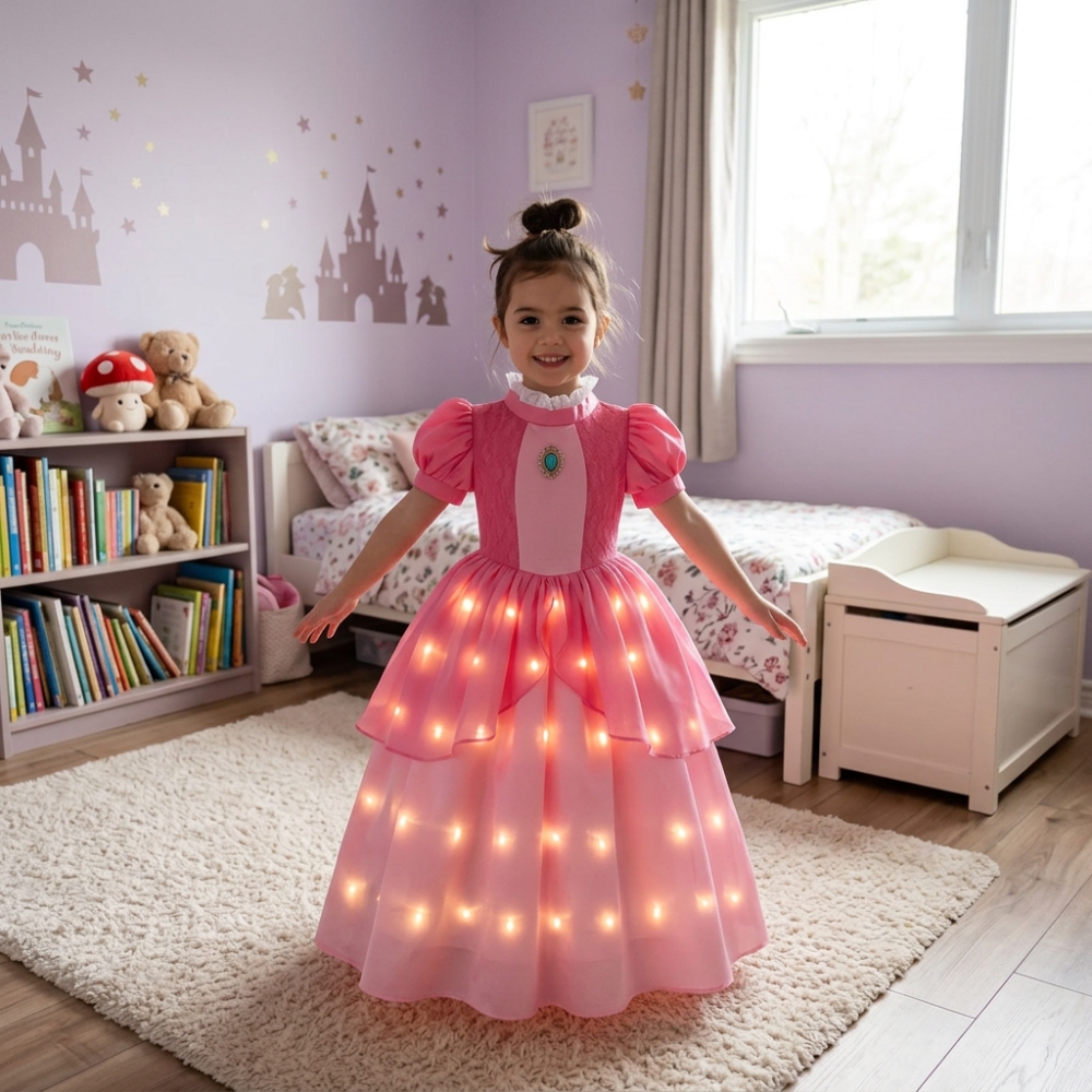 Close-up of the LED lighting and crown detail on the Princess Peach Mario fancy dress costume, showing the regal pink glow.